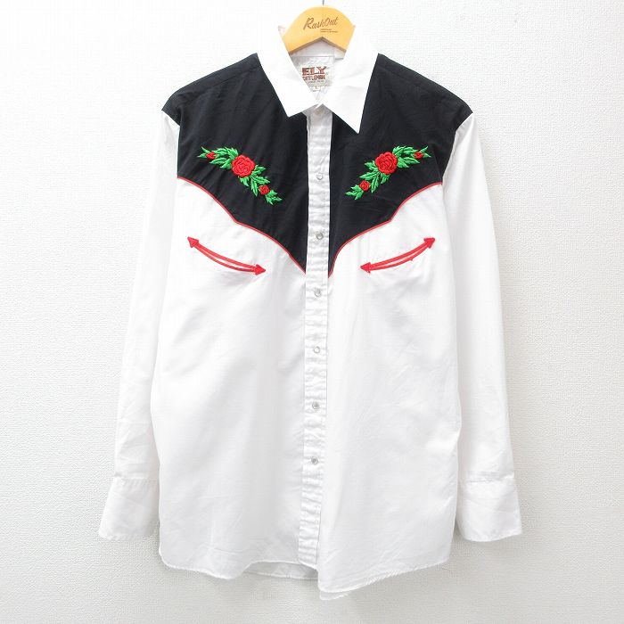 XL★古着 ELY 長袖 ウエスタン シャツ メンズ 90年代 90s バラ 刺繍 白他 ホワイト 25feb21 中古 トップス