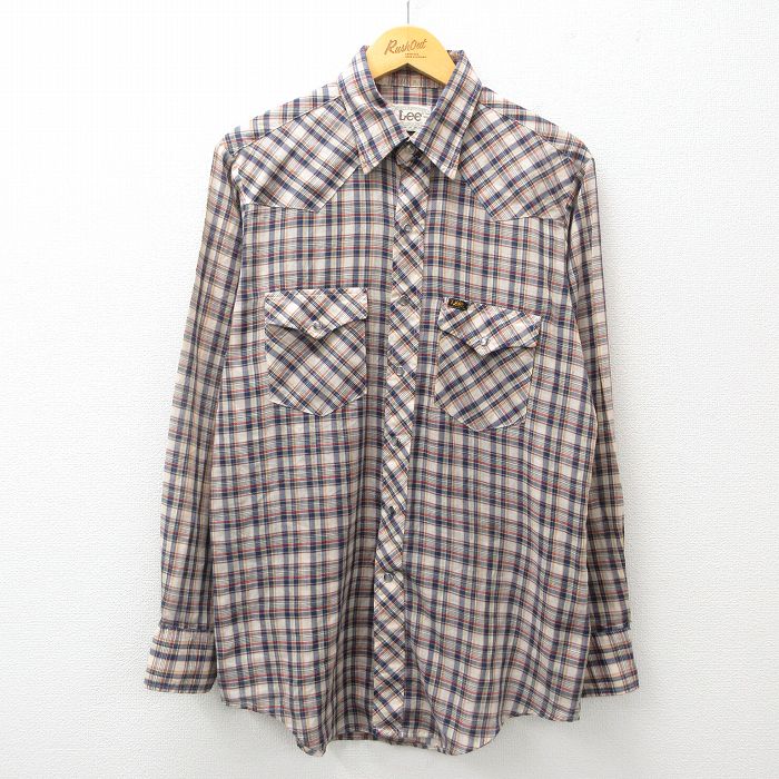 M★古着 リー Lee 長袖 ウエスタン シャツ メンズ 80年代 80s ロング丈 USA製 紺他 ネイビー チェック 25feb21 中古 トップス