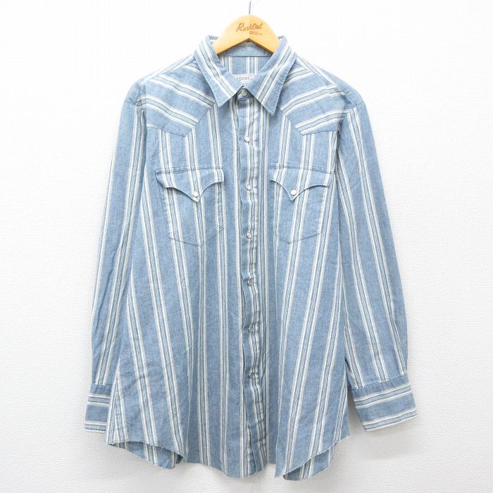 XL★古着 H BAR C 長袖 ウエスタン シャツ メンズ 90年代 90s コットン 薄紺他 ネイビー ストライプ 25feb22 中古 トップス