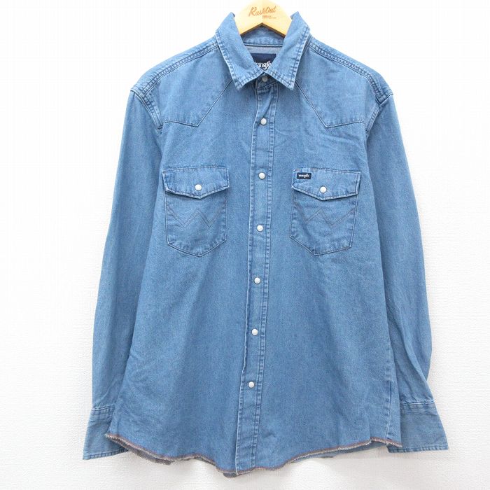 XL★古着 ラングラー Wrangler 長袖 ウエスタン シャツ メンズ コットン 紺 ネイビー デニム 25feb22 中古 トップス