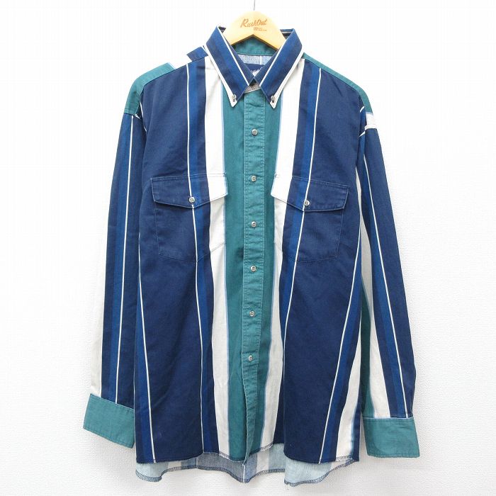 XL★古着 ラングラー Wrangler 長袖 ウエスタン シャツ メンズ 90年代 90s 大きいサイズ コットン 濃紺他 ネイビー ストライプ 25feb22 中古 トップス