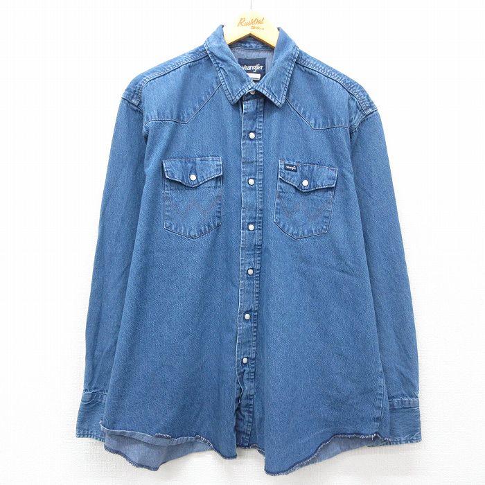 XL★古着 ラングラー Wrangler 長袖 ウエスタン シャツ メンズ 大きいサイズ コットン 紺 ネイビー デニム 25feb22 中古 トップス