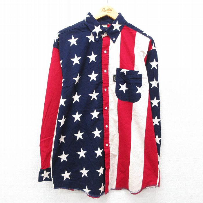 L★古着 長袖 ウエスタン シャツ メンズ 90年代 90s 星条旗 コットン ボタンダウン USA製 濃紺他 ネイビー 【spe】 25feb22 中古 トップス