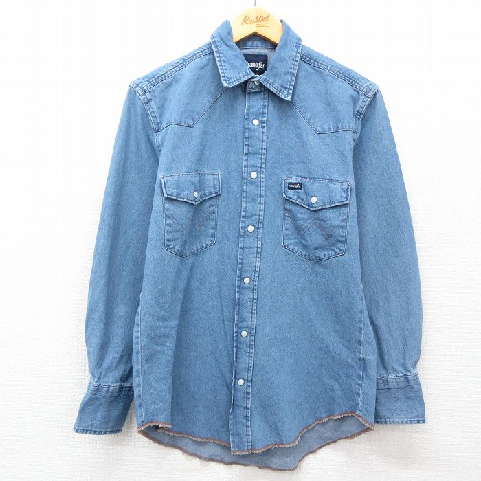M★古着 ラングラー Wrangler 長袖 ウエスタン シャツ メンズ コットン 紺 ネイビー デニム 25feb22 中古 トップス
