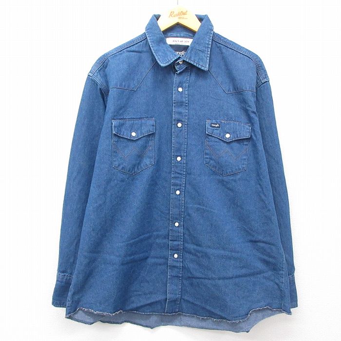 XL★古着 ラングラー Wrangler 長袖 ウエスタン シャツ メンズ 大きいサイズ コットン 紺 ネイビー デニム 25feb22 中古 トップス