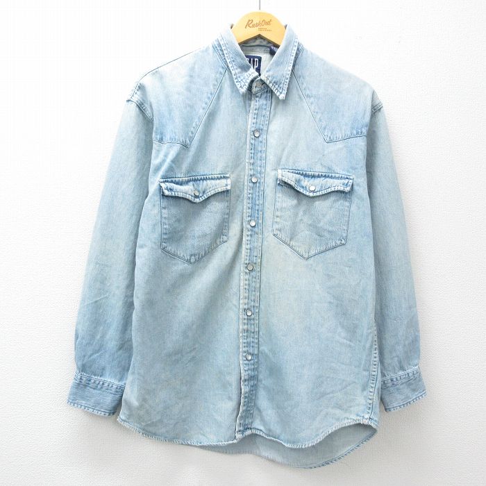 L★古着 ギャップ GAP 長袖 ウエスタン シャツ メンズ 90年代 90s コットン 薄紺 ネイビー デニム 【spe】 25mar03 中古 トップス