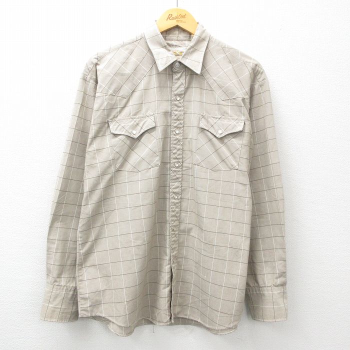 XL★古着 長袖 ウエスタン シャツ メンズ 90年代 90s ベージュ他 カーキ チェック 25mar03 中古 トップス
