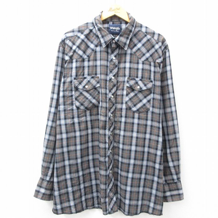 XL★古着 ラングラー Wrangler 長袖 ウエスタン シャツ メンズ 大きいサイズ ロング丈 グレー他 チェック 25mar03 中古 トップス