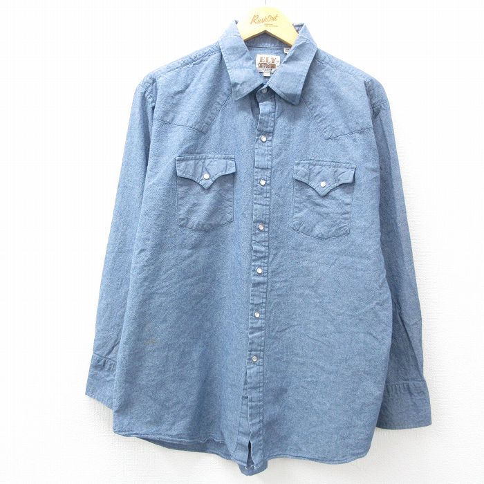 XL★古着 ELY 長袖 ウエスタン シャツ メンズ 90年代 90s コットン 紺 ネイビー 25mar03 中古 トップス