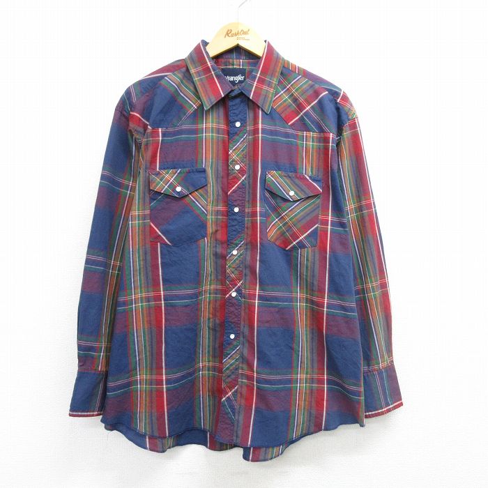 XL★古着 ラングラー Wrangler 長袖 ウエスタン シャツ メンズ 濃紺他 ネイビー チェック 25mar08 中古 トップス
