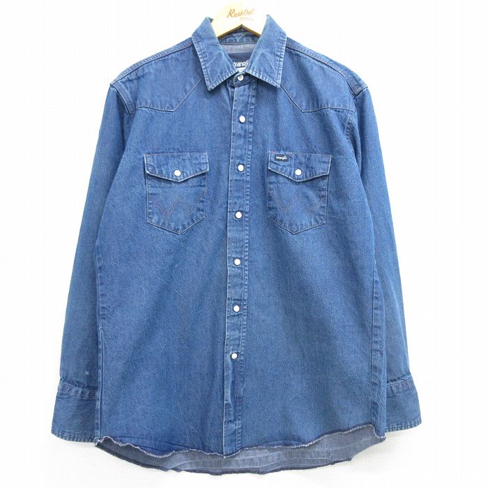L★古着 ラングラー Wrangler 長袖 ウエスタン シャツ メンズ コットン 紺 ネイビー デニム 25mar08 中古 トップス