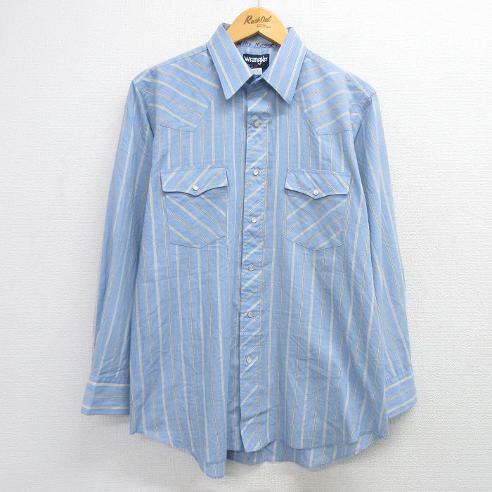 L★古着 ラングラー Wrangler 長袖 ウエスタン シャツ メンズ 90年代 90s 薄紺他 ネイビー ストライプ 25mar08 中古 トップス