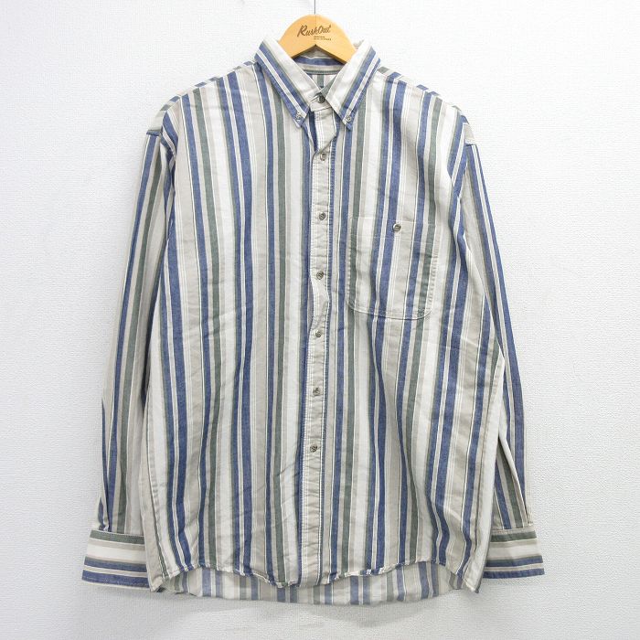 XL★古着 ラングラー Wrangler 長袖 ウエスタン シャツ メンズ 90年代 90s ロング丈 コットン 紺他 ネイビー ストライプ 25mar12 中古 トップス