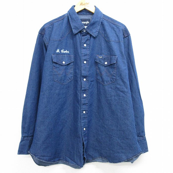 XL★古着 ラングラー Wrangler 長袖 ウエスタン シャツ メンズ 大きいサイズ ロング丈 コットン 紺 ネイビー デニム 25mar12 中古 トップス