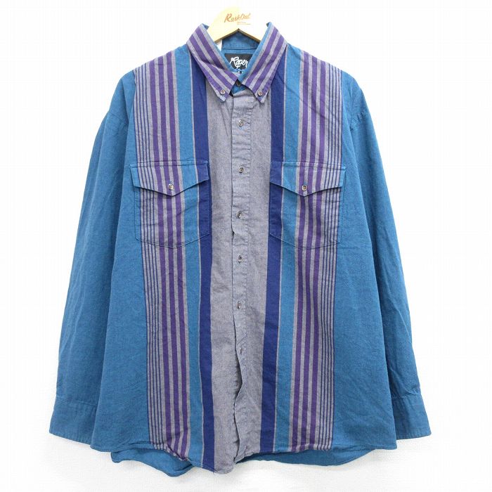 XL★古着 長袖 ウエスタン シャツ メンズ 90年代 90s 大きいサイズ ロング丈 コットン USA製 紺他 ネイビー 25mar12 中古 トップス