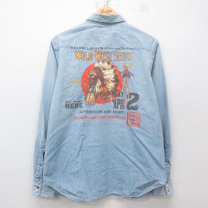 L★古着 ラルフローレン Ralph Lauren 長袖 ブランド ウエスタン シャツ メンズ 90年代 90s インディアン コットン 薄紺 ネイビー 【spe】 25mar19 中古 トップス