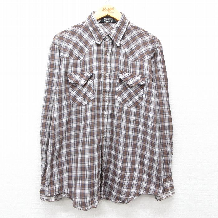 XL★古着 長袖 ウエスタン シャツ メンズ 90年代 90s 茶他 ブラウン チェック 25mar19 中古 トップス