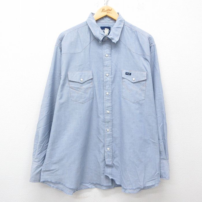 XL★古着 ラングラー Wrangler 長袖 ウエスタン シャツ メンズ 大きいサイズ 薄紺 ネイビー 25mar19 中古 トップス
