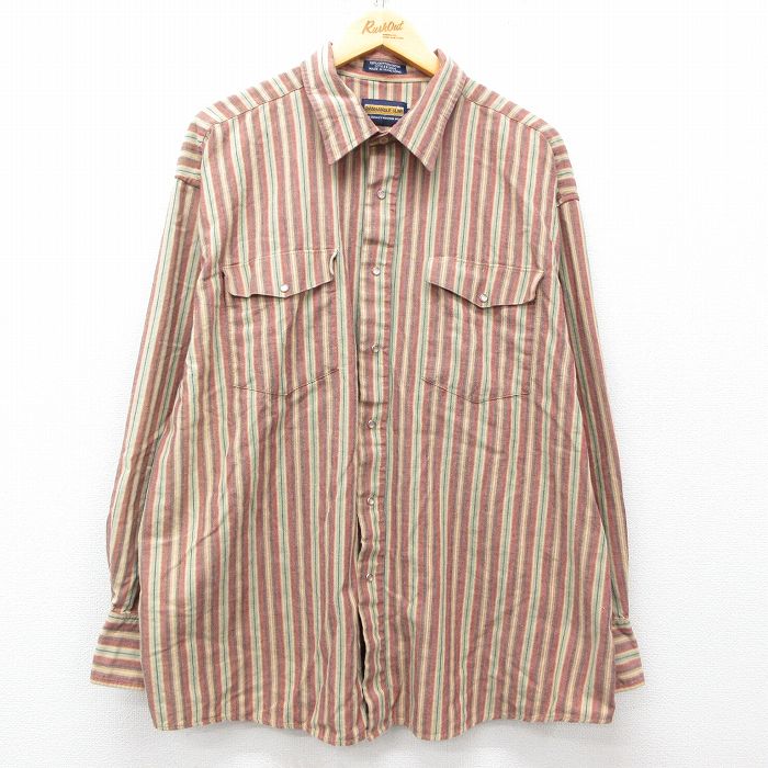 XL★古着 長袖 ウエスタン シャツ メンズ 大きいサイズ コットン エンジ他 ストライプ 25mar19 中古 トップス