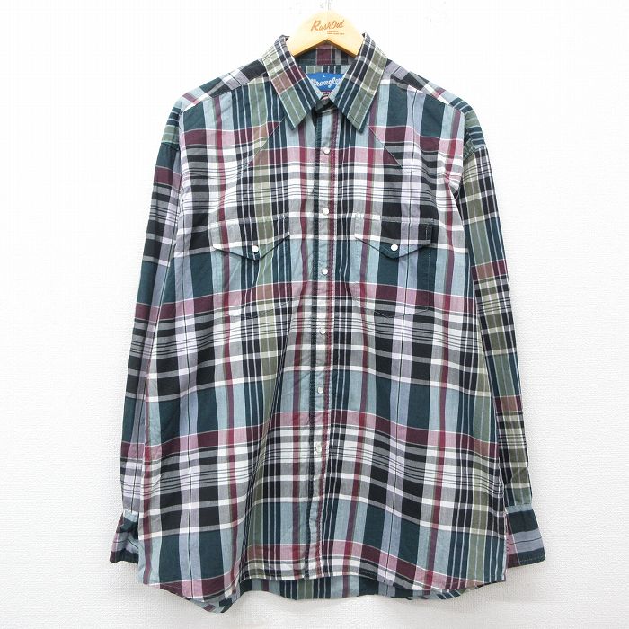 XL★古着 ラングラー Wrangler 長袖 ウエスタン シャツ メンズ 00年代 00s 濃緑他 グリーン チェック 25mar19 中古 トップス