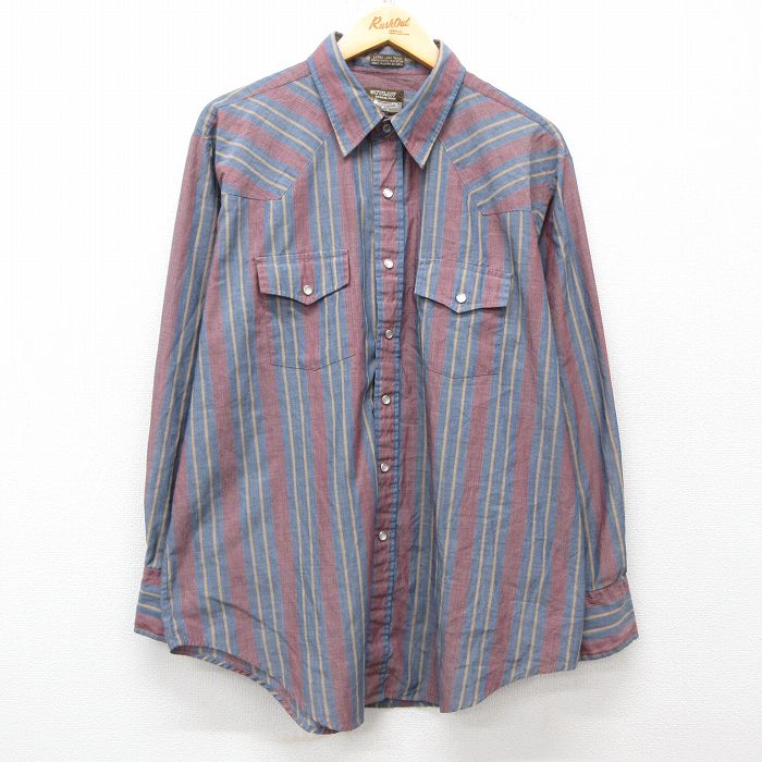 XL★古着 長袖 ウエスタン シャツ メンズ 90年代 90s 大きいサイズ 紺他 ネイビー ストライプ 25mar19 中古 トップス