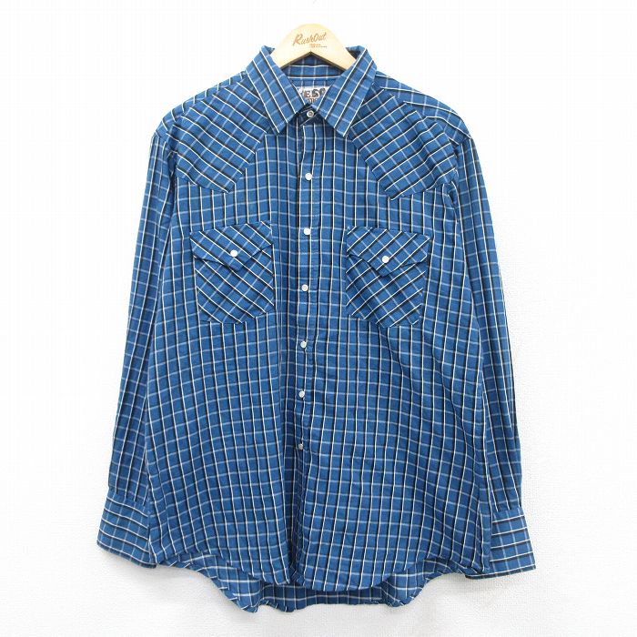 XL★古着 ELY 長袖 ウエスタン シャツ メンズ 90年代 90s 紺他 ネイビー チェック 25mar19 中古 トップス
