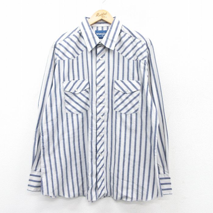XL★古着 ラングラー Wrangler 長袖 ウエスタン シャツ メンズ 大きいサイズ ロング丈 紺他 ネイビー ストライプ 25mar19 中古 トップス