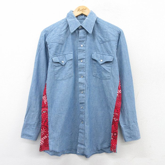 M★古着 長袖 ウエスタン シャツ メンズ 80年代 80s コットン USA製 薄紺他 ネイビー 25mar19 中古 トップス