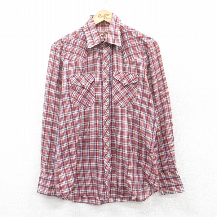 M★古着 長袖 ウエスタン シャツ メンズ 90年代 90s 赤他 レッド チェック 25mar19 中古 トップス
