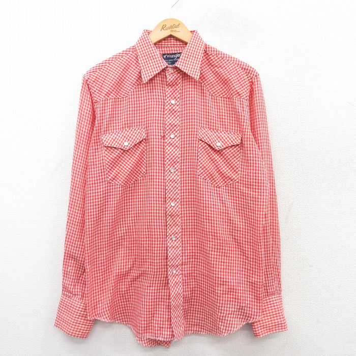 L★古着 ラングラー Wrangler 長袖 ウエスタン シャツ メンズ 80年代 80s USA製 赤他 レッド ギンガム チェック 25mar19 中古 トップス