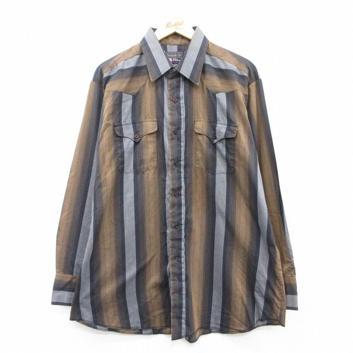 XL★古着 長袖 ウエスタン シャツ メンズ 90年代 90s 大きいサイズ ロング丈 USA製 茶他 ブラウン ストライプ 【spe】 25mar19 中古 トップス