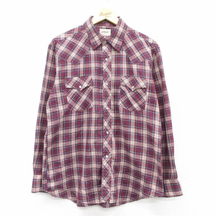 【20%OFF】L★古着 キャンパス 長袖 ウエスタン シャツ メンズ 80年代 80s エンジ系他 チェック 25mar19 中古 トップス