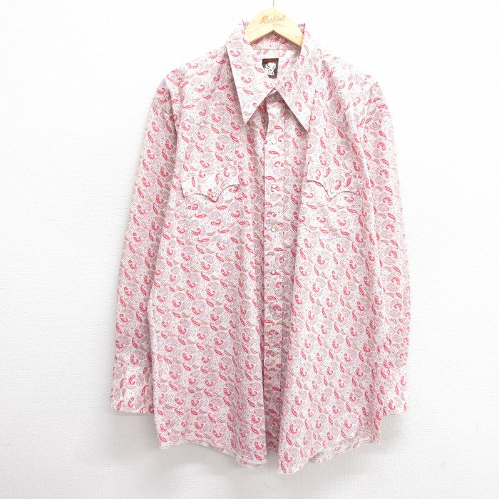 XL★古着 KARMAN 長袖 ウエスタン シャツ メンズ ペイズリー柄 大きいサイズ ロング丈 白他 ホワイト 25mar24 中古 トップス