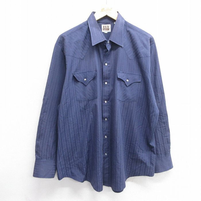 XL★古着 ELY 長袖 ウエスタン シャツ メンズ 90年代 90s 大きいサイズ 紺 ネイビー 25mar25 中古 トップス