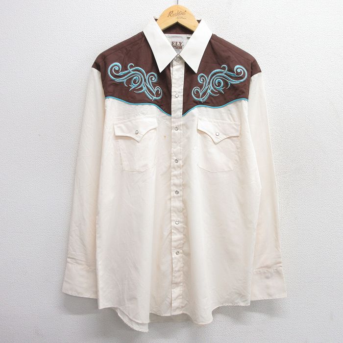 XL★古着 ELY 長袖 ウエスタン シャツ メンズ 90年代 90s 刺繍 生成り他 25mar25 中古 トップス