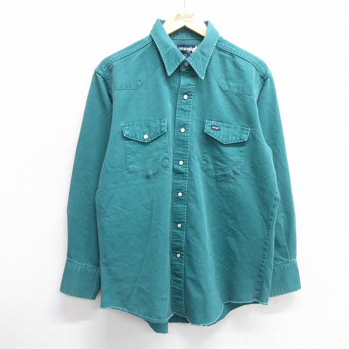 XL★古着 ラングラー Wrangler 長袖 ウエスタン シャツ メンズ 90年代 90s コットン USA製 青緑 デニム 【spe】 25mar25 中古 トップス