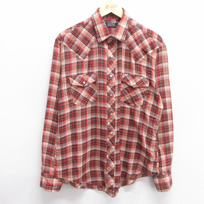 L★古着 長袖 ウエスタン シャツ メンズ 90年代 90s 赤他 レッド チェック 25mar25 中古 トップス