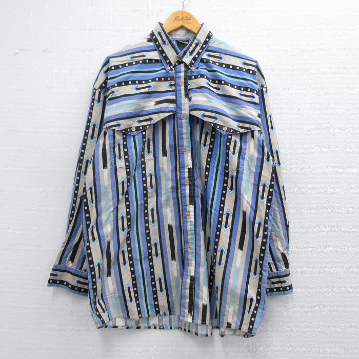 【50%OFF】XL★古着 長袖 ウエスタン シャツ メンズ 90年代 90s コットン ボタンダウン 薄紺他 ネイビー 25mar27 中古 トップス