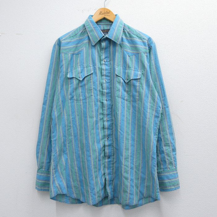 L★古着 長袖 ウエスタン シャツ メンズ 90年代 90s USA製 青緑他 ストライプ 25mar27 中古 トップス