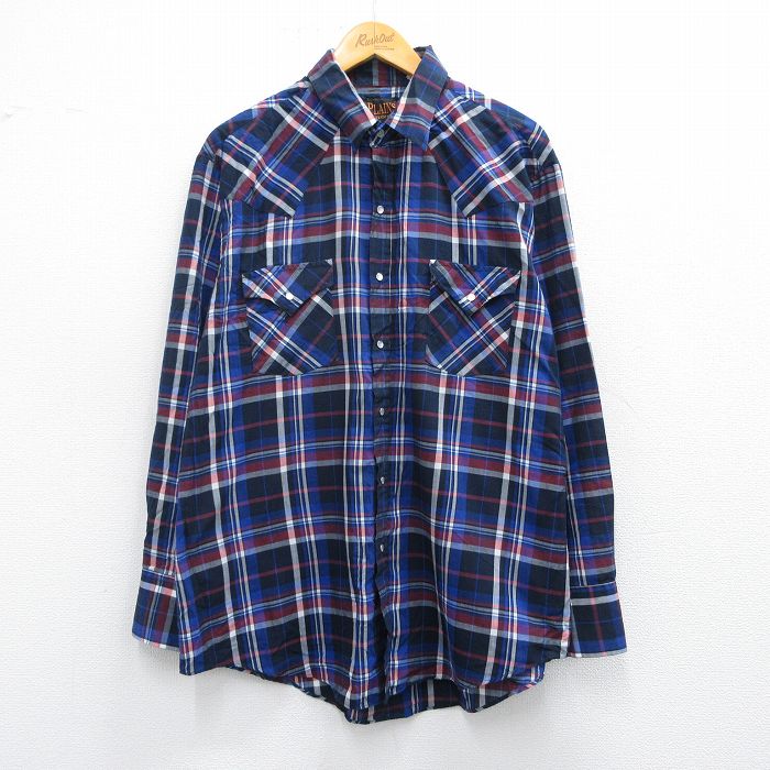 XL★古着 長袖 ウエスタン シャツ メンズ 紺他 ネイビー チェック 25mar27 中古 トップス