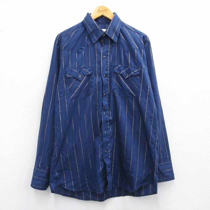 XL★古着 長袖 ウエスタン シャツ メンズ 90年代 90s USA製 紺他 ネイビー ストライプ 25mar27 中古 トップス
