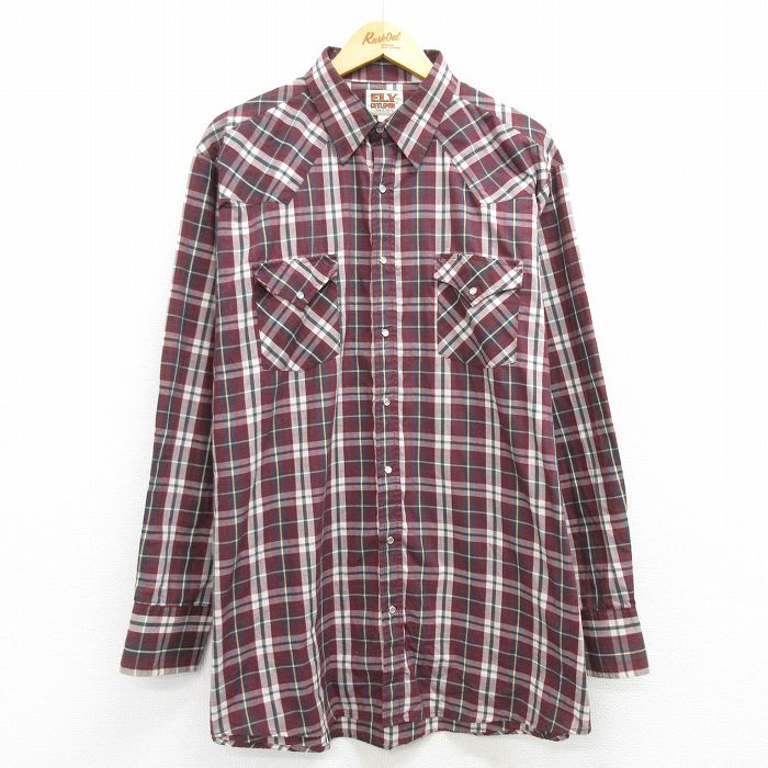 XL★古着 ELY 長袖 ウエスタン シャツ メンズ 90年代 90s 大きいサイズ ロング丈 エンジ他 チェック 25apr02 中古 トップス