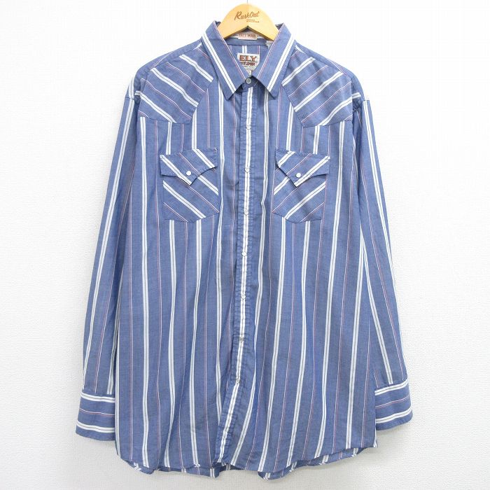 XL★古着 ELY 長袖 ウエスタン シャツ メンズ 90年代 90s 大きいサイズ ロング丈 紺他 ネイビー ストライプ 25apr02 中古 トップス