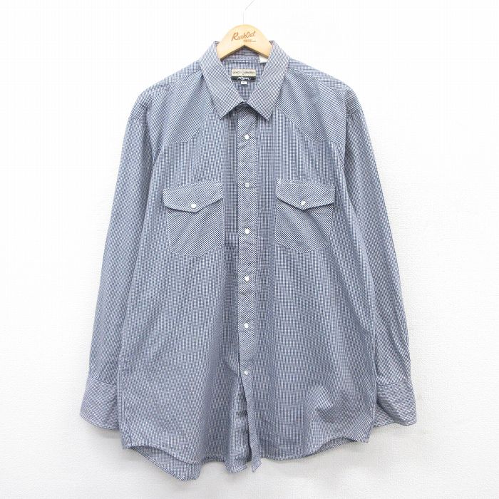 XL★古着 長袖 ウエスタン シャツ メンズ 大きいサイズ 紺他 ネイビー ギンガム チェック 25apr24 中古 トップス