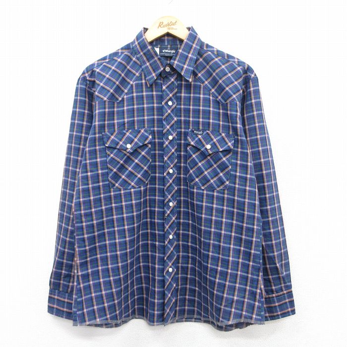 L★古着 ラングラー Wrangler 長袖 ウエスタン シャツ メンズ 80年代 80s USA製 紺他 ネイビー チェック 25apr24 中古 トップス