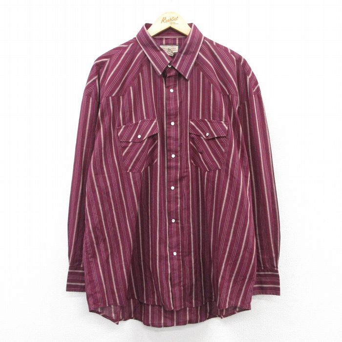 XL★古着 長袖 ウエスタン シャツ メンズ 大きいサイズ エンジ他 ストライプ 25apr24 中古 トップス