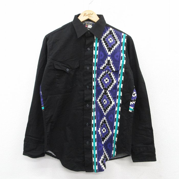 M★古着 長袖 ウエスタン シャツ メンズ 90年代 90s ネイティブ柄 ラグ柄 コットン USA製 黒他 ブラック 25apr24 中古 トップス