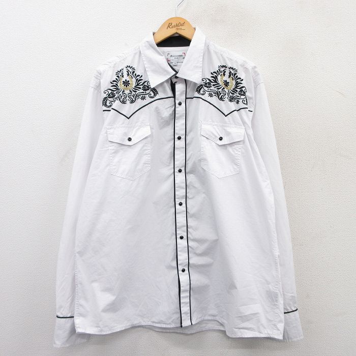 XL★古着 長袖 ウエスタン シャツ メンズ 刺繍 大きいサイズ 白 ホワイト 25apr24 中古 トップス