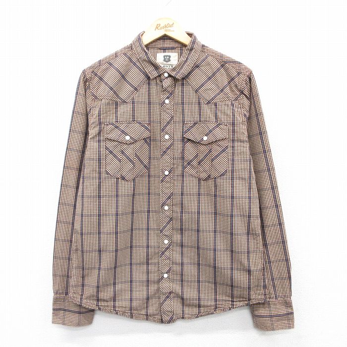 M★古着 リーバイス Levis 長袖 ウエスタン シャツ メンズ コットン 茶他 ブラウン チェック 25may08 中古 トップス