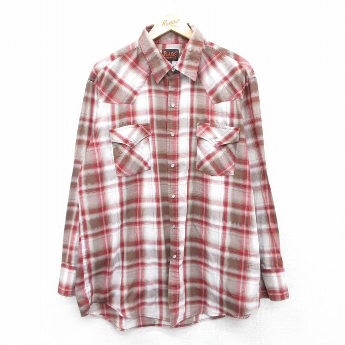 XL★古着 長袖 ウエスタン シャツ メンズ 90年代 90s 大きいサイズ エンジ他 チェック 25may08 中古 トップス